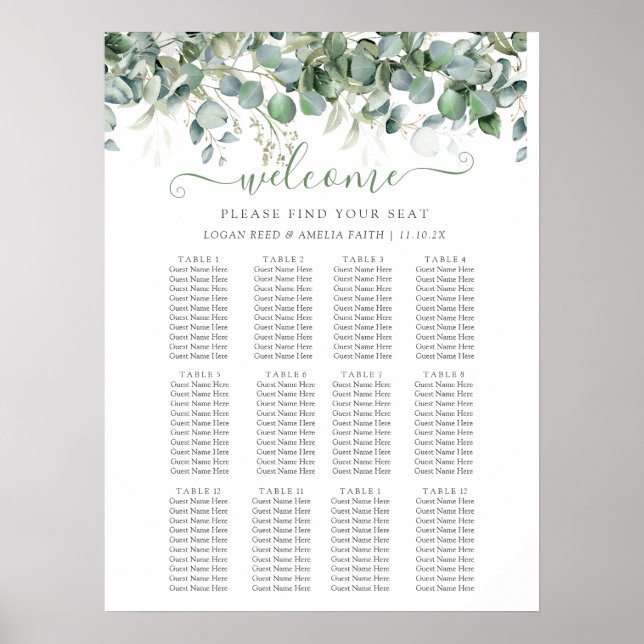 Poster Gráfico de Assentos de Casamento com Simples Verde (Frente)