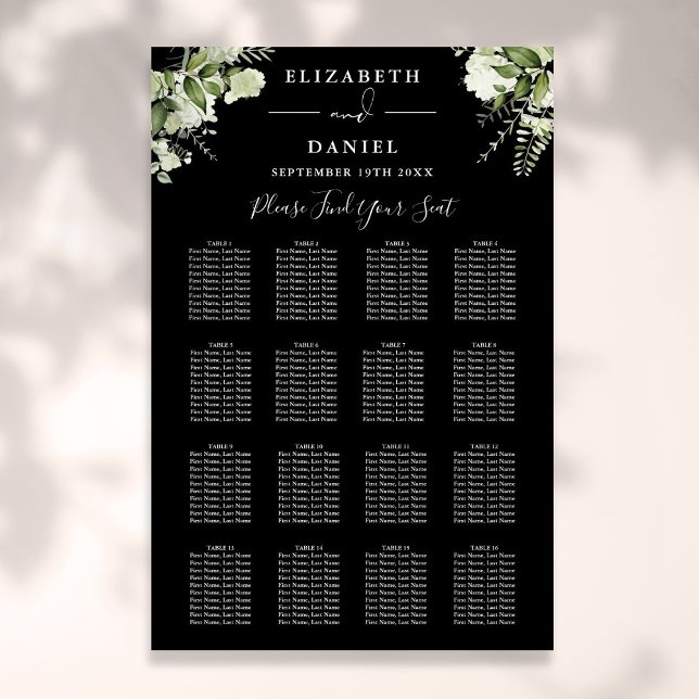 Poster Gráfico de Assentos de Casamento com Vegetação em  (Black And White Greenery Wedding Seating Chart)