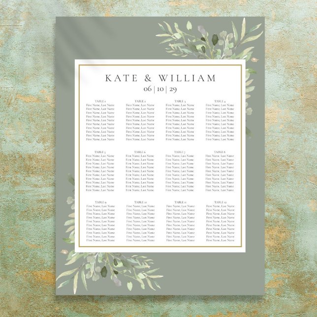 Poster Gráfico de Assentos de Casamento com Vegetação em  (Watercolor Greenery Sage Wedding Seating Chart)