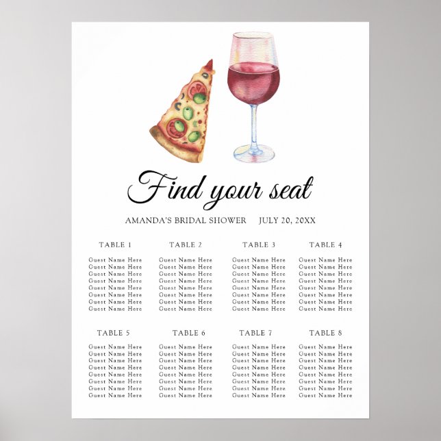 Poster Gráfico de assentos de casamento com vinho e pizza (Frente)