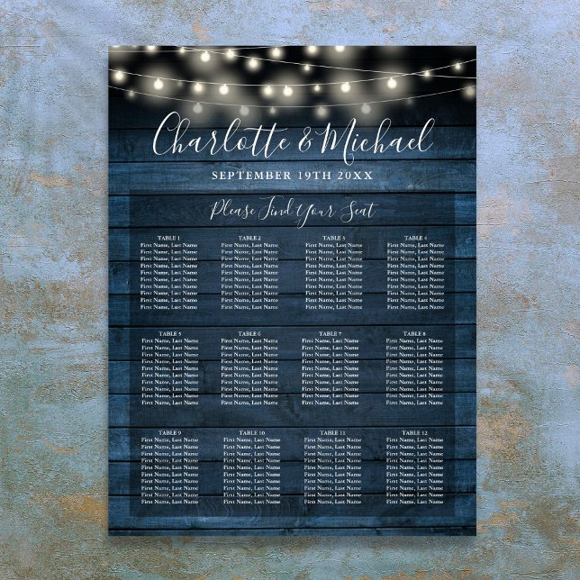 Poster Gráfico de Assentos de Casamento das Luzes Russas  (Blue Rustic String Lights Wedding Seating Chart)
