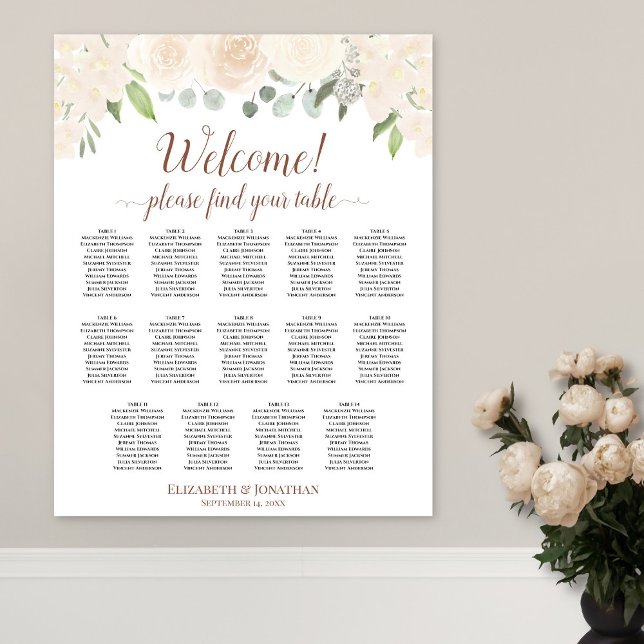 Poster Gráfico de Assentos de Casamento de 14 Mesas Flora (In Situ on Wall with Flowers)