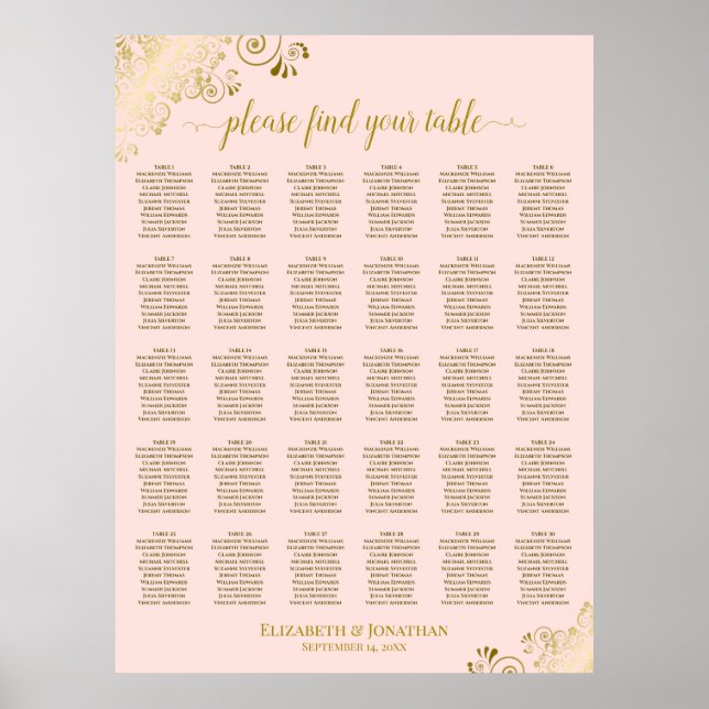 Poster Gráfico de Assentos de Casamento de 30 Mesas Rosa  (Frente)