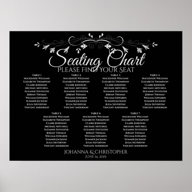 Poster Gráfico de Assentos de Casamento de 7 Mesas Silver (Frente)