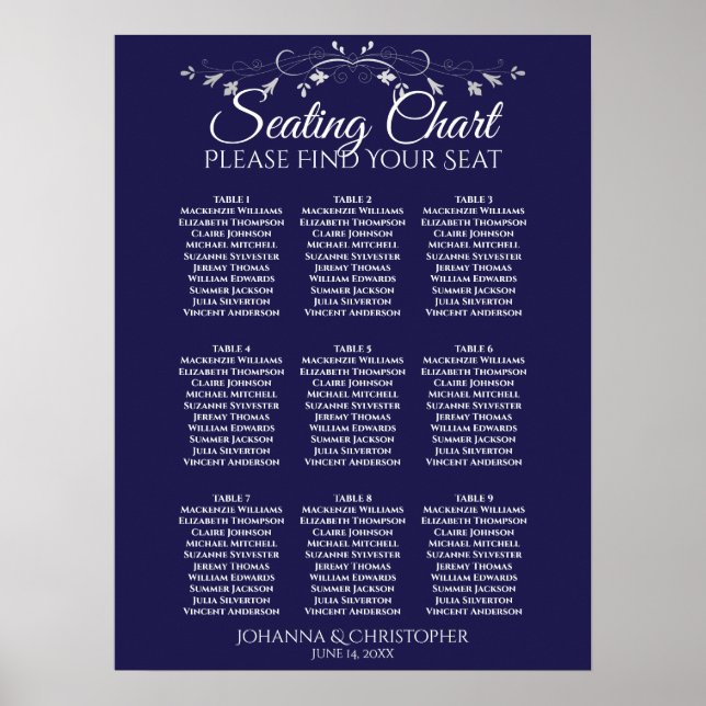 Poster Gráfico de Assentos de Casamento de 9 Mesas Prata  (Frente)