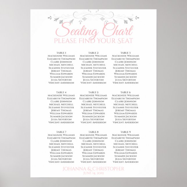 Poster Gráfico de Assentos de Casamento de 9 Mesas Rosa e (Frente)