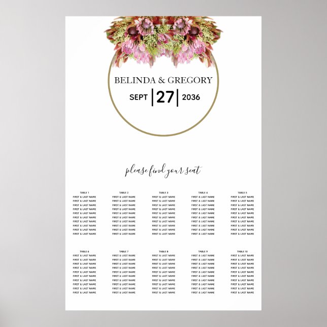 Poster Gráfico de Assentos de Casamento de Buquês de Flor (Frente)