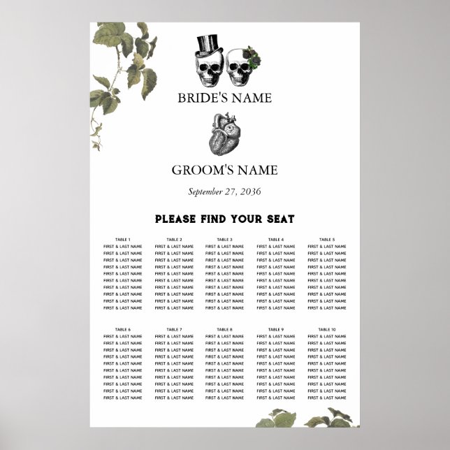 Poster Gráfico de Assentos de Casamento de Crânios Coraçõ (Frente)