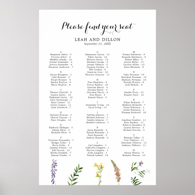Poster Gráfico de Assentos de Casamento de Flor Silvestre (Frente)