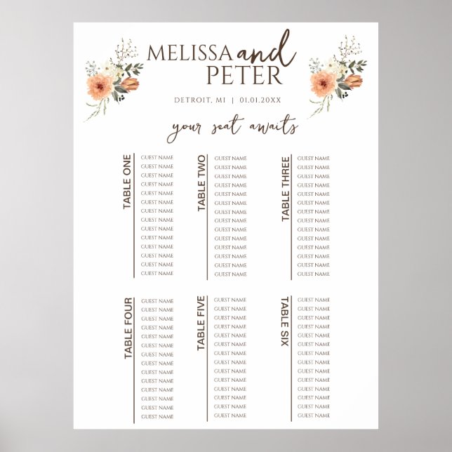 Poster Gráfico de Assentos de Casamento de Flores Selvage (Frente)