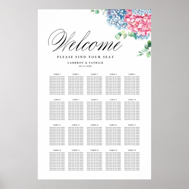 Poster Gráfico de Assentos de Casamento de Hydrangeas Ros (Frente)