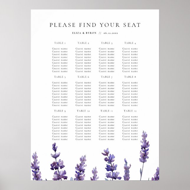 Poster Gráfico de Assentos de Casamento de Lavanda Floral (Frente)