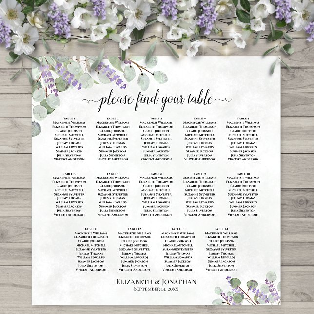 Poster Gráfico de Assentos de Casamento de Mesa 14 Eucali (In Situ on Wall with Flowers)