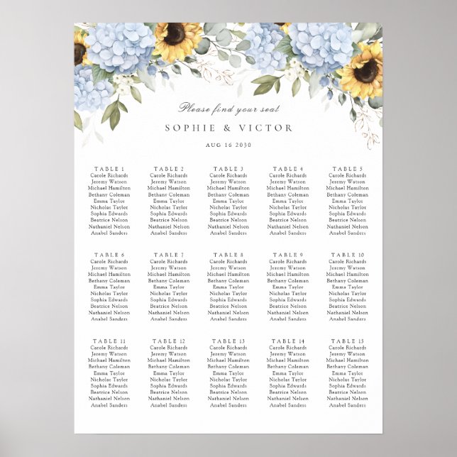 Poster Gráfico de Assentos de Casamento de Mesa 15 Hortên (Frente)