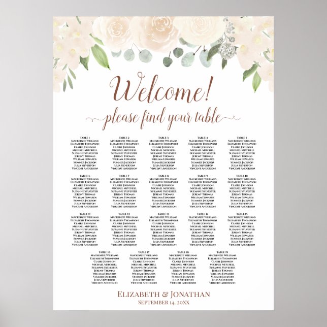 Poster Gráfico de Assentos de Casamento de Mesa 19 Rosas  (Frente)