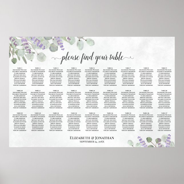 Poster Gráfico de Assentos de Casamento de Mesa 27 Lavand (Frente)