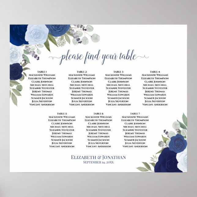 Poster Gráfico de Assentos de Casamento de Mesa 7 Rosas A (Frente)