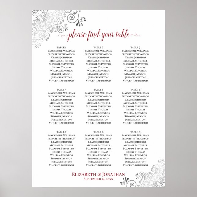 Poster Gráfico de Assentos de Casamento de Mesa 9 Branco  (Frente)