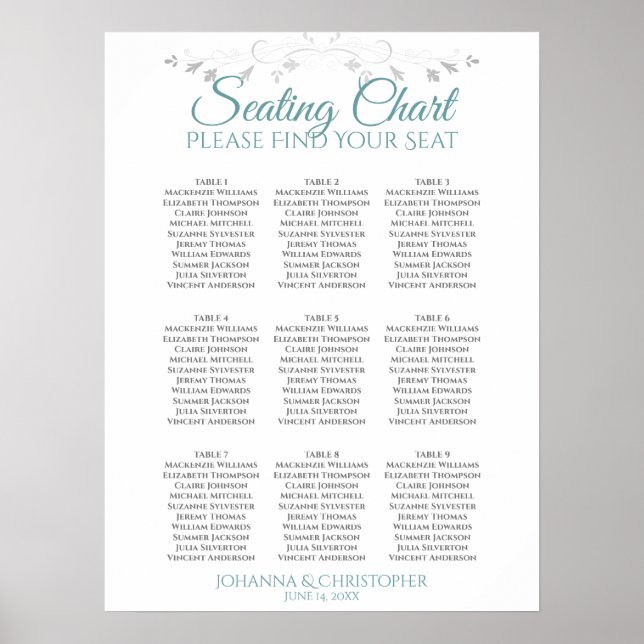 Poster Gráfico de Assentos de Casamento de Mesa 9 Legante (Frente)
