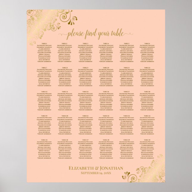 Poster Gráfico de Assentos de Casamento de Mesa Dourado e (Frente)