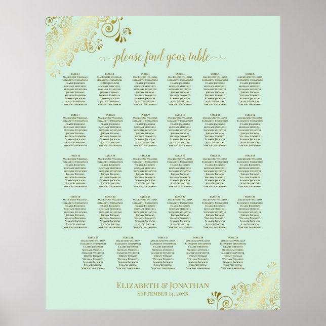 Poster Gráfico de Assentos de Casamento de Mesa Dourado e (Frente)
