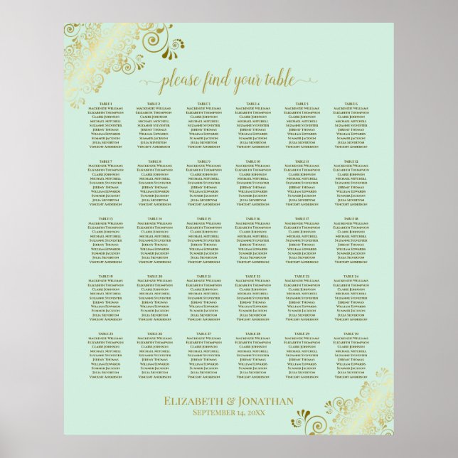 Poster Gráfico de Assentos de Casamento de Mesa Dourado e (Frente)