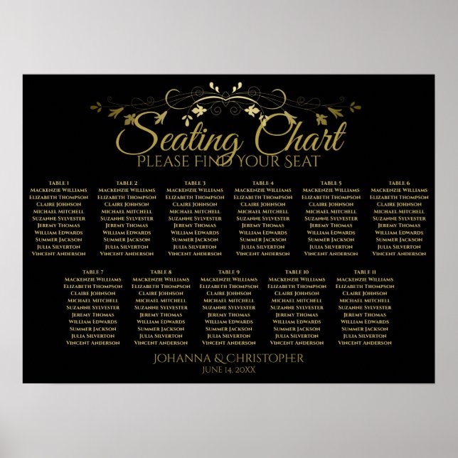 Poster Gráfico de Assentos de Casamento de Mesa Dourado E (Frente)