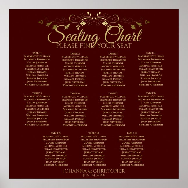 Poster Gráfico de Assentos de Casamento de Mesa Dourado e (Frente)