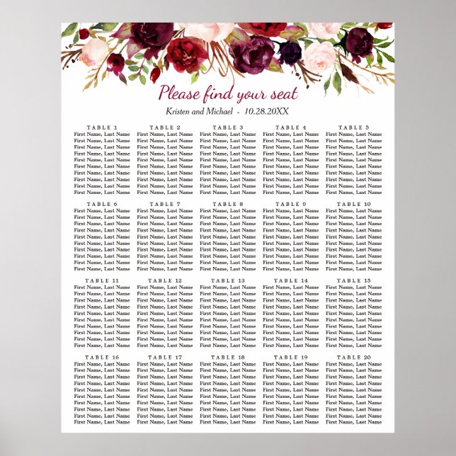 Poster Gráfico de Assentos de Casamento de Mesa Floral 20 (Frente)