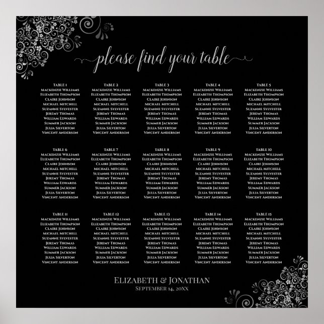 Poster Gráfico de Assentos de Casamento de Mesa Preto 15 (Frente)