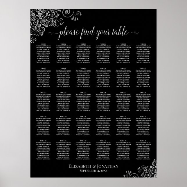 Poster Gráfico de Assentos de Casamento de Mesa Preto e P (Frente)