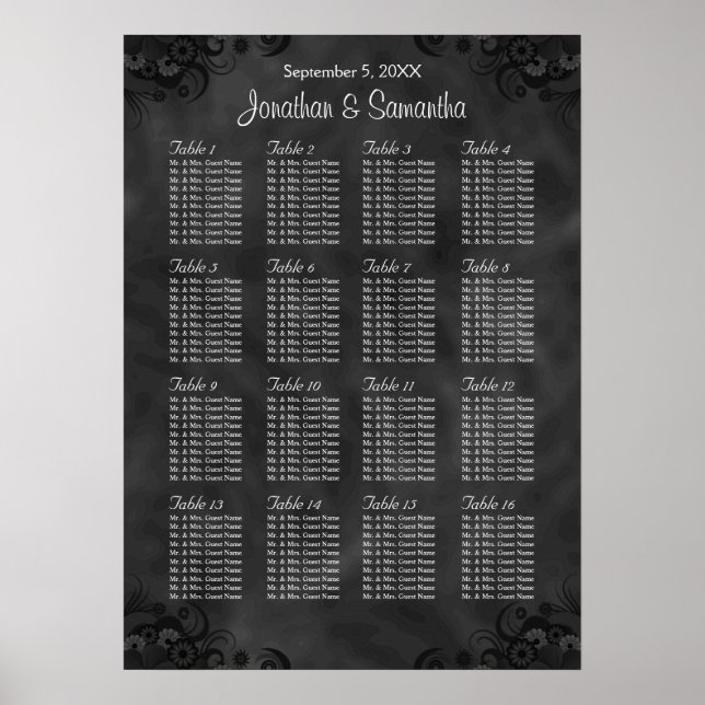 Póster Gráfico de Assentos de Casamento de Mesas 16 Black (Frente)