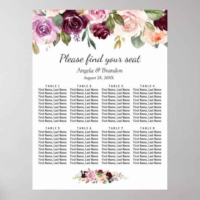 Poster Gráfico de Assentos de Casamento de Mesas com Blus (Frente)
