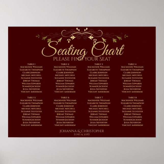 Poster Gráfico de Assentos de Casamento de Mesas Dourado  (Frente)