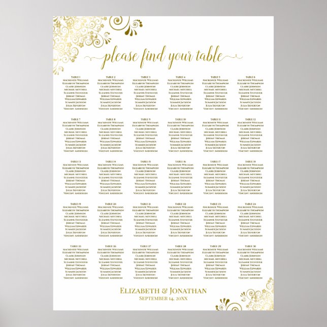 Poster Gráfico de Assentos de Casamento de Mesas Dourado  (Frente)