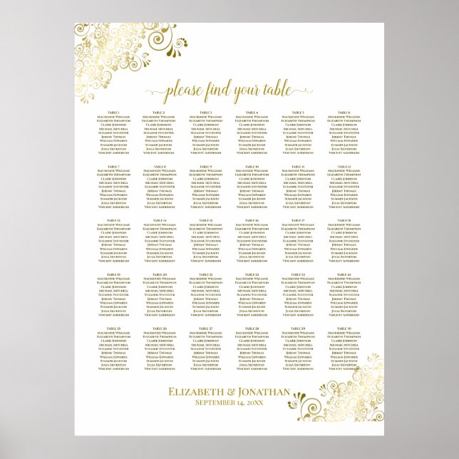 Poster Gráfico de Assentos de Casamento de Mesas Dourado  (Frente)
