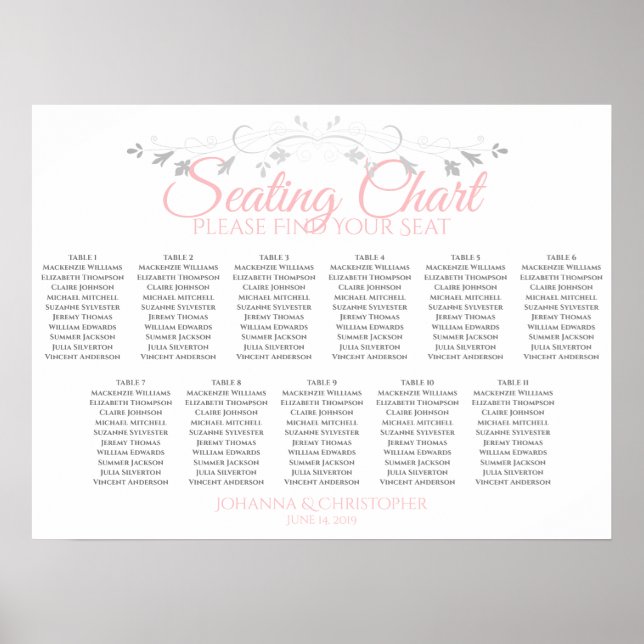Poster Gráfico de Assentos de Casamento de Mesas Rosa e C (Frente)