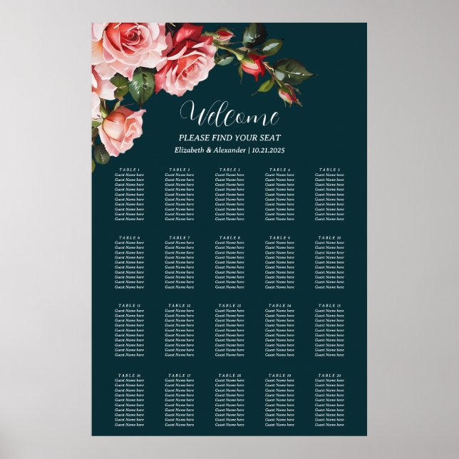 Poster Gráfico de assentos de casamento de rosas vermelha (Frente)