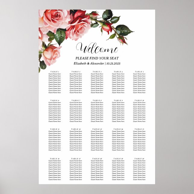 Poster Gráfico de assentos de casamento de rosas vermelha (Frente)