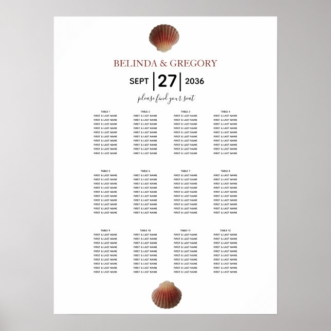 Poster Gráfico de Assentos de Casamento de Seashell de Pr (Frente)