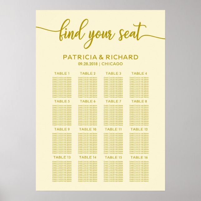 Poster Gráfico de Assentos de Casamento Dourado Marfim Ca (Frente)