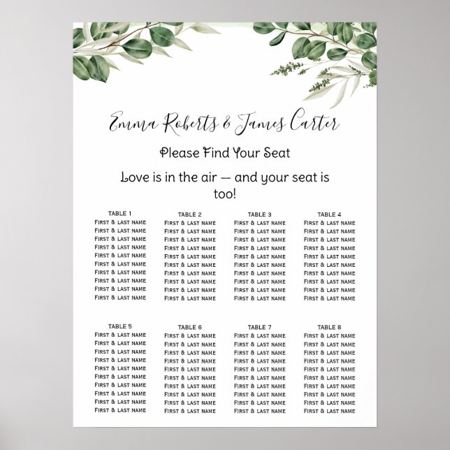 Poster Gráfico de Assentos de Casamento Elegante com Folh (Frente)