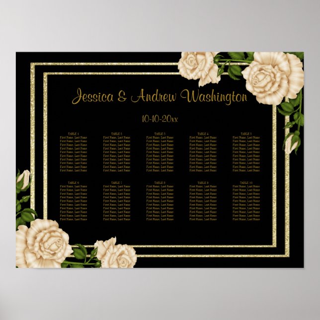 Póster Gráfico de Assentos de Casamento Elegante com Rosa (Frente)