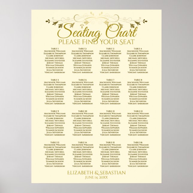 Poster Gráfico de Assentos de Casamento Elegante Dourado  (Frente)