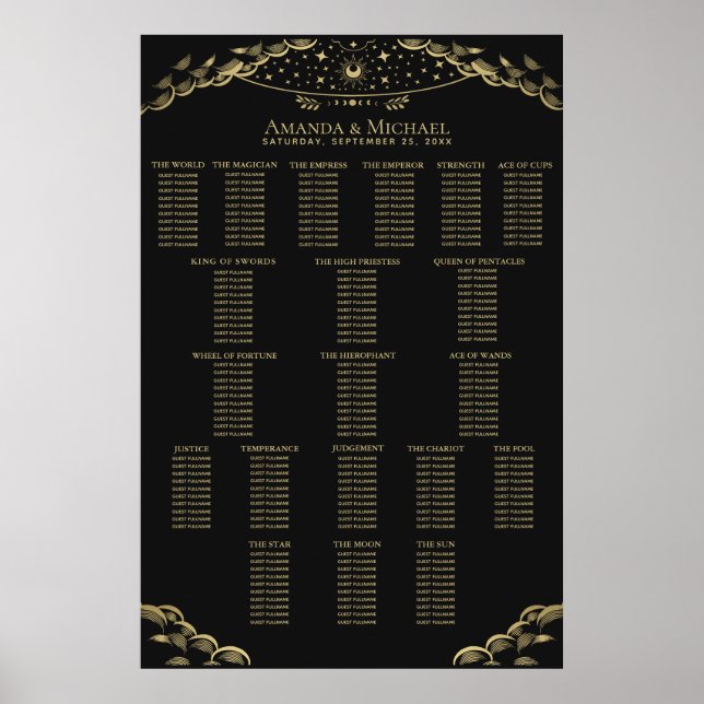 Poster Gráfico de Assentos de Casamento Elegante Tarot Mí (Frente)