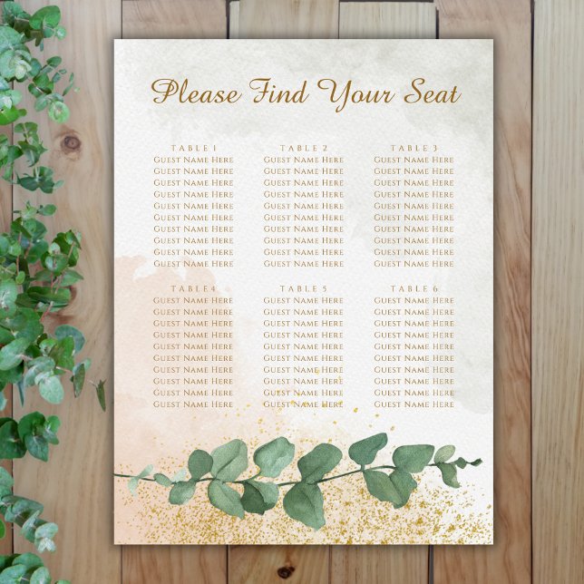 Poster Gráfico de Assentos de Casamento Elegante Verde e  (Elegant Green & Gold Photo Wedding Seating Chart (6 Tables))