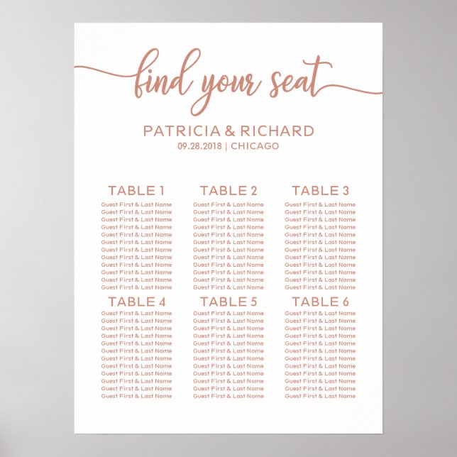 Poster Gráfico de Assentos de Casamento em 6 Mesas Rose G (Frente)