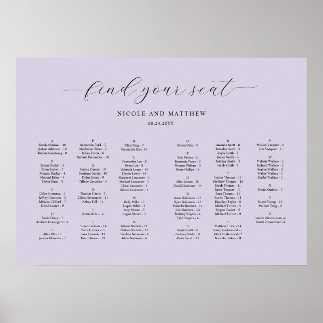 Poster Gráfico de Assentos de Casamento em Alfabeto Lavan (Frente)