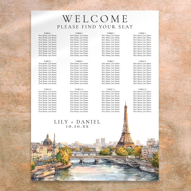 Poster Gráfico de assentos de casamento em aquarela Paris (Watercolor Paris France Wedding Seating Chart)