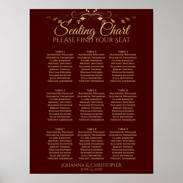Poster Gráfico de Assentos de Casamento em Mesa 9 Auburn  (Frente)